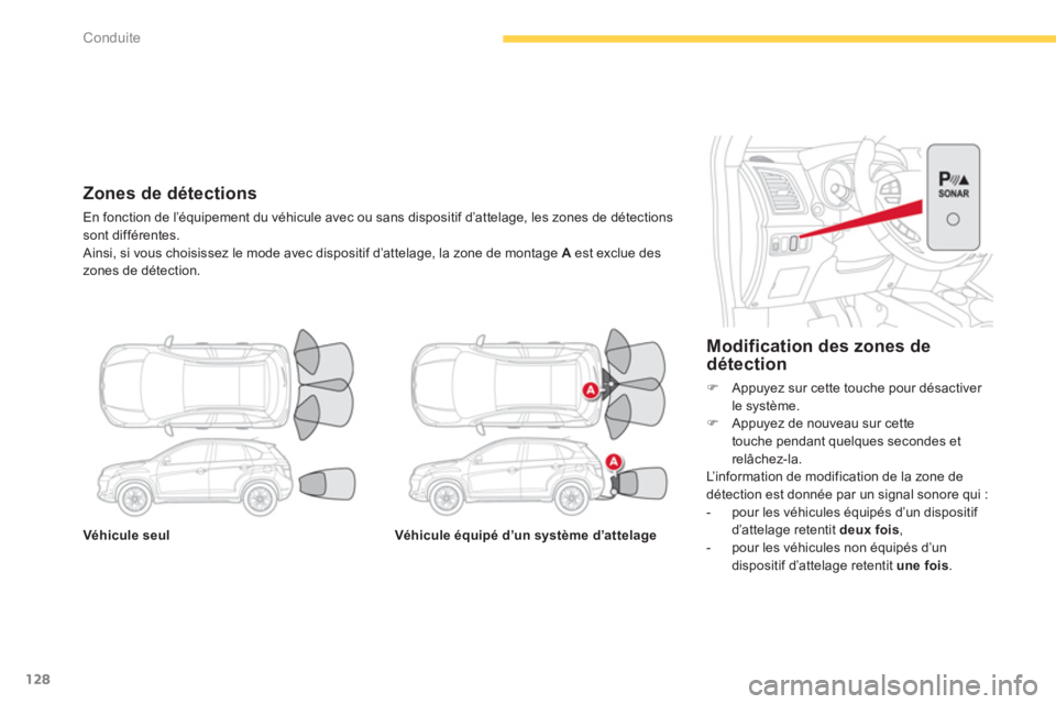 CITROEN C4 AIRCROSS 2013  Notices Demploi (in French) 128
Conduite
Véhicule seulVéhicule équipé d’un système d’attelage
   
Modification des zones dedétection 
�)Appuyez sur cette touche pour désactiver 
le système.�)Appuyez de nouveau sur ce