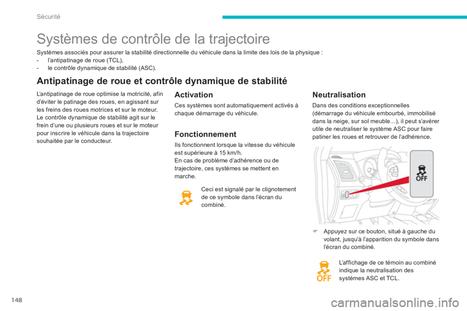 CITROEN C4 AIRCROSS 2013  Notices Demploi (in French) 148
Sécurité
Systèmes associés pour assurer la stabilité directionnelle du véhicule dans la limite des lois de la physique :
-  l’antipatinage de roue (TCL), 
-   le contrôle dynamique de sta