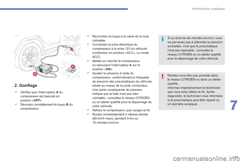 CITROEN C4 AIRCROSS 2013  Notices Demploi (in French) 173
7
Informations pratiques
   
2. Gonflage 
�)Vér ifiez que l’interrupteur  A 
 du compresseur est basculé enposition « OFF». �)Déroulez complètement le tuyau  Bducompresseur. 
�) 
  Raccord