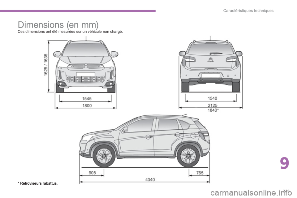 CITROEN C4 AIRCROSS 2013  Notices Demploi (in French) 9
221
Caractéristiques techniques
   
 
 
 
Dimensions (en mm)  Ces dimensions ont été mesurées sur un véhicule non chargé. 
* R 