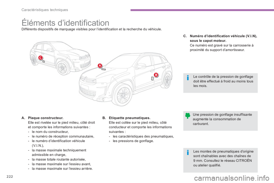 CITROEN C4 AIRCROSS 2013  Notices Demploi (in French) 222
Caractéristiques techniques
   
 
 
 
 
 
 
 
 
 
 
 
 
 
 
 
 
 
 
 
Éléments d’identification Différents dispositifs de marquage visibles pour l’identification et la recherche du véhicu