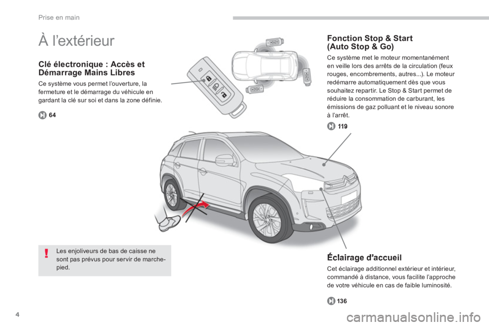 CITROEN C4 AIRCROSS 2013  Notices Demploi (in French) 4
Prise en main
Clé électronique : Accès etDémarrage Mains Libres 
Ce système vous permet l’ouverture, la fermeture et le démarrage du véhicule engardant la clé sur soi et dans la zone défi