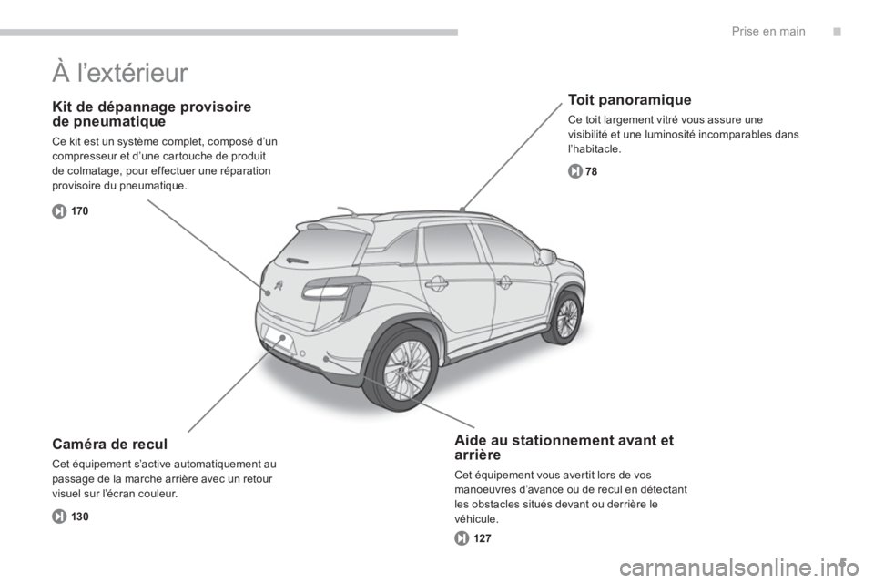 CITROEN C4 AIRCROSS 2013  Notices Demploi (in French) .
5
Prise en main
   
Kit de dépannage provisoirede pneumatique 
 
Ce kit est un système complet, composé d’uncompresseur et d’une car touche de produit 
de colmatage, pour effectuer une répar