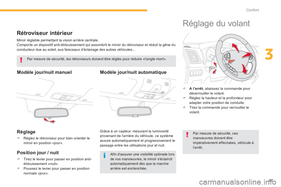 CITROEN C4 AIRCROSS 2013  Notices Demploi (in French) 87
3
Confort
   
 
 
 
 
Rétroviseur intérieur 
 
Miroir réglable permettant la vision arrière centrale.
 Compor te un dispositif anti-éblouissement qui assombrit le miroir du rétroviseur et ré