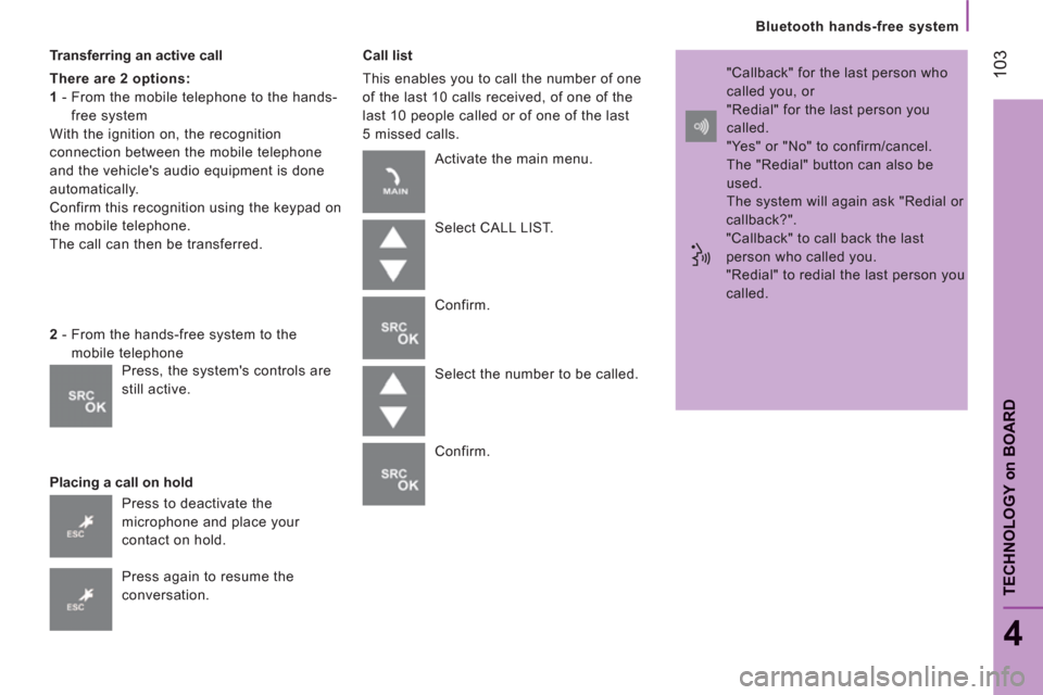 Citroen JUMPER 2013 2.G Owners Manual 103
   
Bluetooth hands-free system
4
TECHNOLOGY 
on
BOAR
D
 
 
Transferring an active call 
   
There are 2 options:  
   
1 
 -  From the mobile telephone to the hands-
free system 
  With the ignit