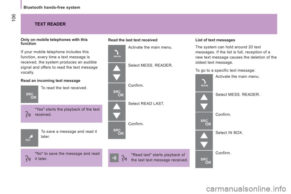 Citroen JUMPER 2013 2.G Owners Manual 106
   
Bluetooth hands-free system  
  If your mobile telephone includes this 
function, every time a text message is 
received, the system produces an audible 
signal and offers to read the text mes