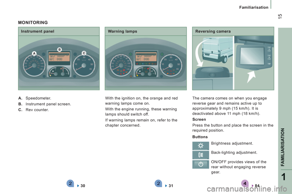 Citroen JUMPER 2013 2.G User Guide 221
FAMILIARISATION
15
Familiarisation
   
Reversing camera 
  The camera comes on when you engage 
reverse gear and remains active up to 
approximately 9 mph (15 km/h). It is 
deactivated above 11 mp