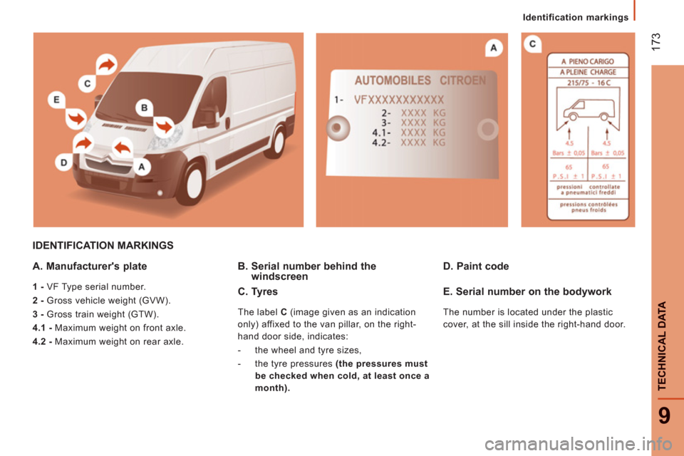 Citroen JUMPER 2013 2.G Owners Manual 17
3
9
TECHNI
CAL DATA
Identification markings
IDENTIFICATION MARKINGS
A. Manufacturers plate
1 -
VF Type serial number.
2 -
Gross vehicle weight (GVW).
3 -
Gross train weight (GT Citroen JUMPER 2013 2.G Owners Manual 17
3
9
TECHNI
CAL DATA
Identification markings
IDENTIFICATION MARKINGS
A. Manufacturers plate
1 -
VF Type serial number.
2 -
Gross vehicle weight (GVW).
3 -
Gross train weight (GT