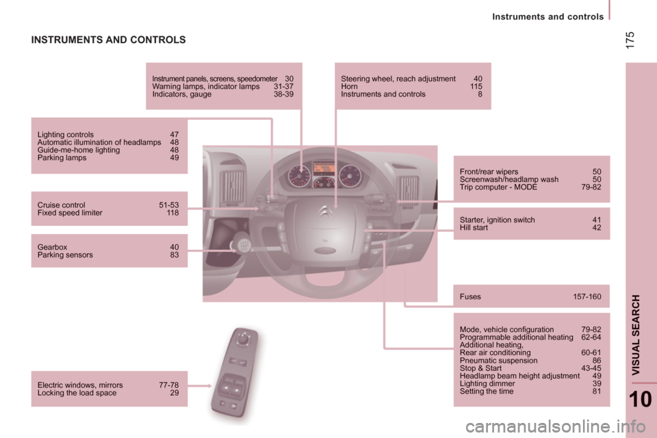 Citroen JUMPER 2013 2.G Owners Manual 17
5
Instruments and controls
10
VISUAL SEARCH
INSTRUMENTS AND CONTROLS
   
Instrument panels, screens, speedometer30r  Warning lamps, indicator lamps  31-37 
Indicators, gauge 38-39
Lighting controls