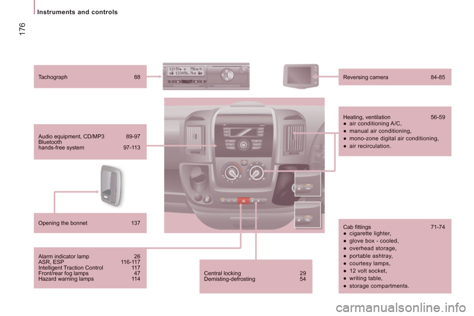 Citroen JUMPER 2013 2.G Owners Manual 17
6
Instruments and controls
   Central locking 29  
Demisting-defrosting 54  
 
 
Tachograph 88 
  
 
Reversing camera  84-85
 
 
Heating, ventilation  56-59 
 
 
● 
 air conditioning A/C, 
 
● 