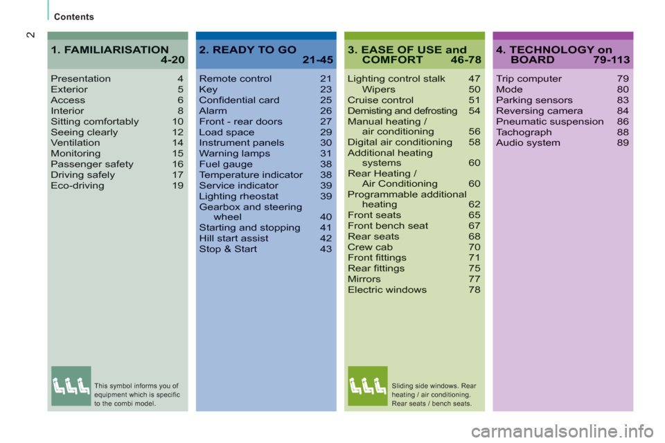 Citroen JUMPER 2013 2.G Owners Manual 2
   
Contents  
3. EASE OF USE andCOMFORT 46-78
Lighting control stalk  47Wipers 50Cruise control 51Demisting and defrosting54Manual heating / air conditioning 56Digital air conditioning 58Additional