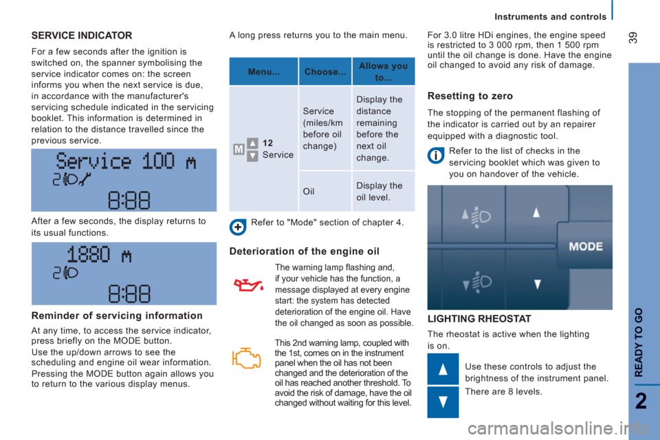 Citroen JUMPER 2013 2.G Owners Manual 39
2
READY TO G
O
Instruments and controls
SERVICE INDICATOR
  For a few seconds after the ignition is 
switched on, the spanner symbolising the 
service indicator comes on: the screen 
informs you wh