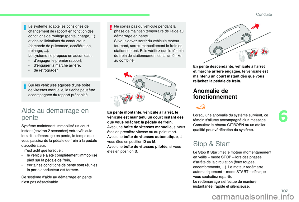 CITROEN C4CACTUS 2019 Notices Demploi (in French) 107
Le système adapte les consignes de
changement de rapport en fonction des
conditions de roulage (pente, charge, ...)
et des sollicitations du conducteur
(demande de puissance, accélération, CITROEN C4CACTUS 2019 Notices Demploi (in French) 107
Le système adapte les consignes de
changement de rapport en fonction des
conditions de roulage (pente, charge, ...)
et des sollicitations du conducteur
(demande de puissance, accélération,