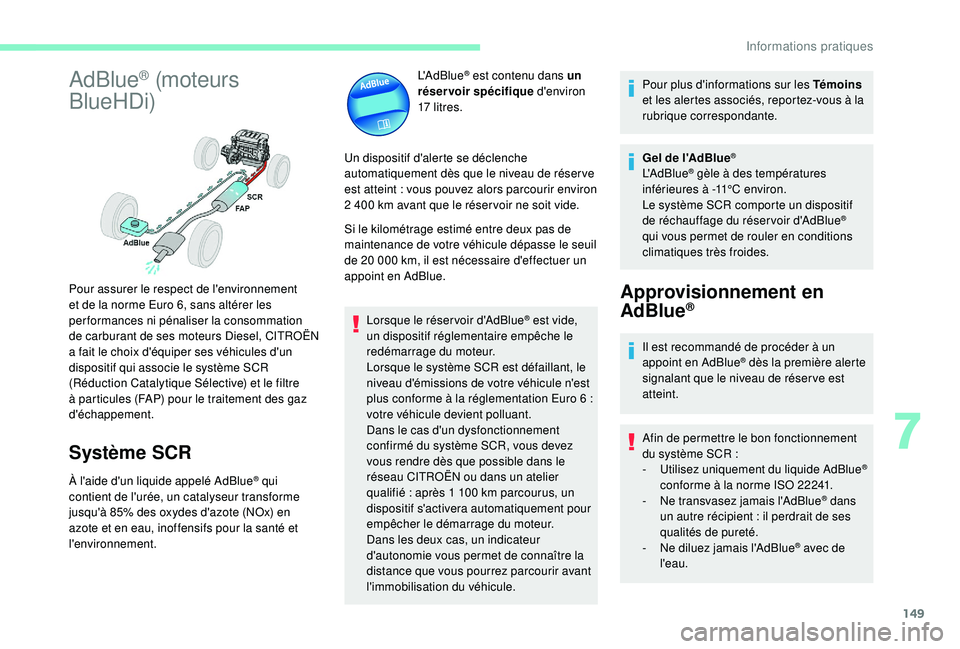 CITROEN C4CACTUS 2019 Notices Demploi (in French) 149
AdBlue® (moteurs
BlueHDi)
Système SCR
À l'aide d'un liquide appelé AdBlue® qui
contient de l'urée, un catalyseur transforme
jusqu'Ã 85% des oxydes d'azote (NOx) en
a CITROEN C4CACTUS 2019 Notices Demploi (in French) 149
AdBlue® (moteurs
BlueHDi)
Système SCR
À l'aide d'un liquide appelé AdBlue® qui
contient de l'urée, un catalyseur transforme
jusqu'Ã 85% des oxydes d'azote (NOx) en
a