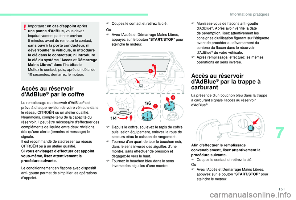 CITROEN C4CACTUS 2019 Notices Demploi (in French) 151
Important : en cas d'appoint après
une panne d'AdBlue, vous devez
impérativement patienter environ
5
minutes avant de remettre le contact,
sans ouvrir la por te conducteur, ni
dà CITROEN C4CACTUS 2019 Notices Demploi (in French) 151
Important : en cas d'appoint après
une panne d'AdBlue, vous devez
impérativement patienter environ
5
minutes avant de remettre le contact,
sans ouvrir la por te conducteur, ni
dÃ