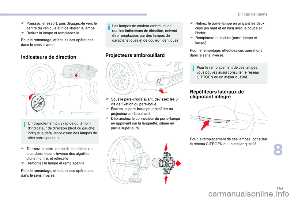 CITROEN C4CACTUS 2019  Notices Demploi (in French) 163
Pour le remontage, effectuez ces opérations 
dans le sens inverse.
Indicateurs de direction
Un clignotement plus rapide du témoin 
d'indicateur de direction (droit ou gauche) 
indique la dé