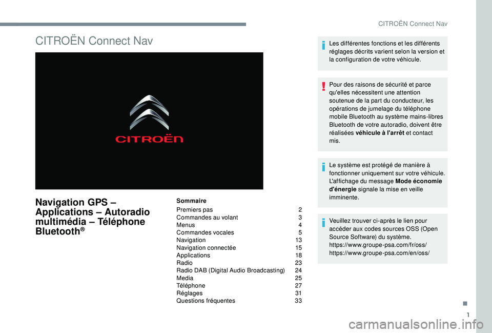 CITROEN C4CACTUS 2019  Notices Demploi (in French) 1
CITROËN Connect Nav
Navigation GPS – 
Applications – Autoradio 
multimédia – Téléphone 
Bluetooth
®
Sommaire
Premiers pas  
2
C

ommandes au volant   
3
M

enus   
4
C

ommandes vocales  