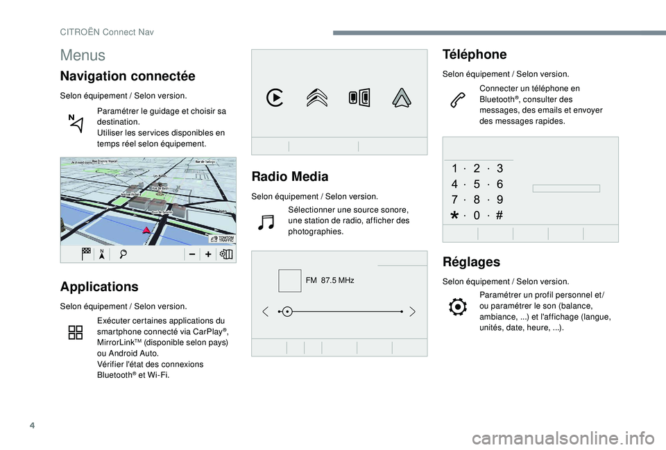 CITROEN C4CACTUS 2019  Notices Demploi (in French) 4
FM  87.5 MHz
Radio Media
Selon équipement / Selon version.
Sélectionner une source sonore, 
une station de radio, afficher des 
photographies.
Téléphone
Selon équipement  / Selon version.
Conne