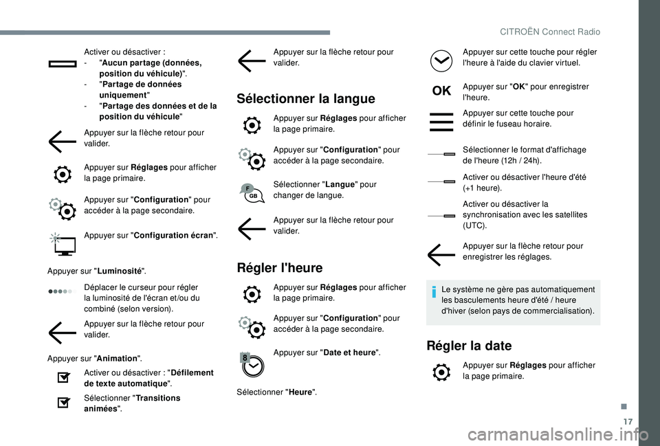 CITROEN C4CACTUS 2019 Notices Demploi (in French) 17
Activer ou désactiver :
- "Aucun par tage (données,
position du véhicule) ".
-
"Par tage de données
uniquement "
-
"Par tage des données et de la
position du véhi CITROEN C4CACTUS 2019 Notices Demploi (in French) 17
Activer ou désactiver :
- "Aucun par tage (données,
position du véhicule) ".
-
"Par tage de données
uniquement "
-
"Par tage des données et de la
position du véhi