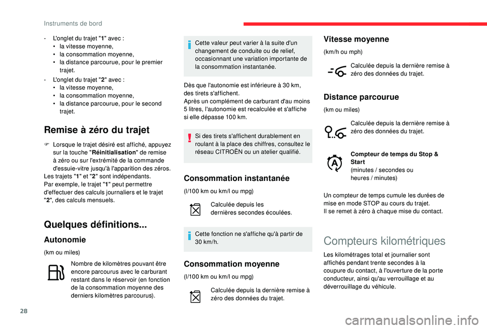CITROEN C4CACTUS 2019 Notices Demploi (in French) 28
- L'onglet du trajet "1" avec :
• l a vitesse moyenne,
•
l
a consommation moyenne,
•
l
a distance parcourue, pour le premier
trajet.
-
L
'onglet du trajet " 2 CITROEN C4CACTUS 2019 Notices Demploi (in French) 28
- L'onglet du trajet "1" avec :
• l a vitesse moyenne,
•
l
a consommation moyenne,
•
l
a distance parcourue, pour le premier
trajet.
-
L
'onglet du trajet " 2