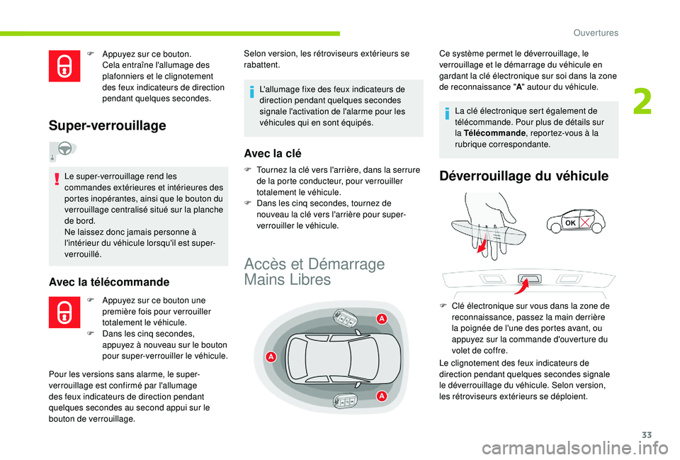 CITROEN C4CACTUS 2019 Notices Demploi (in French) 33
F Appuyez sur ce bouton. Cela entraîne l'allumage des
plafonniers et le clignotement
des feux indicateurs de direction
pendant quelques
secondes.
Super-verrouillage
Le super-verrouillage CITROEN C4CACTUS 2019 Notices Demploi (in French) 33
F Appuyez sur ce bouton. Cela entraîne l'allumage des
plafonniers et le clignotement
des feux indicateurs de direction
pendant quelques
secondes.
Super-verrouillage
Le super-verrouillage