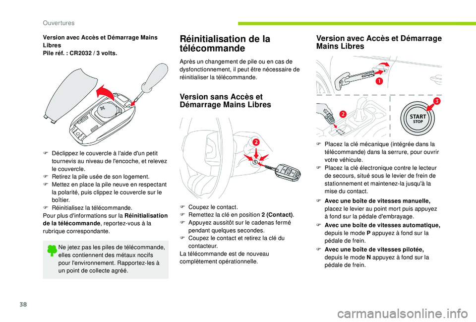 CITROEN C4CACTUS 2019 Notices Demploi (in French) 38
Version avec Accès et Démarrage Mains
Libres
Pile réf. : CR2032 / 3 volts.
F
D
éclippez le couvercle à l'aide d'un petit
tournevis au niveau de l'encoche, et relevez
le co CITROEN C4CACTUS 2019 Notices Demploi (in French) 38
Version avec Accès et Démarrage Mains
Libres
Pile réf. : CR2032 / 3 volts.
F
D
éclippez le couvercle à l'aide d'un petit
tournevis au niveau de l'encoche, et relevez
le co
