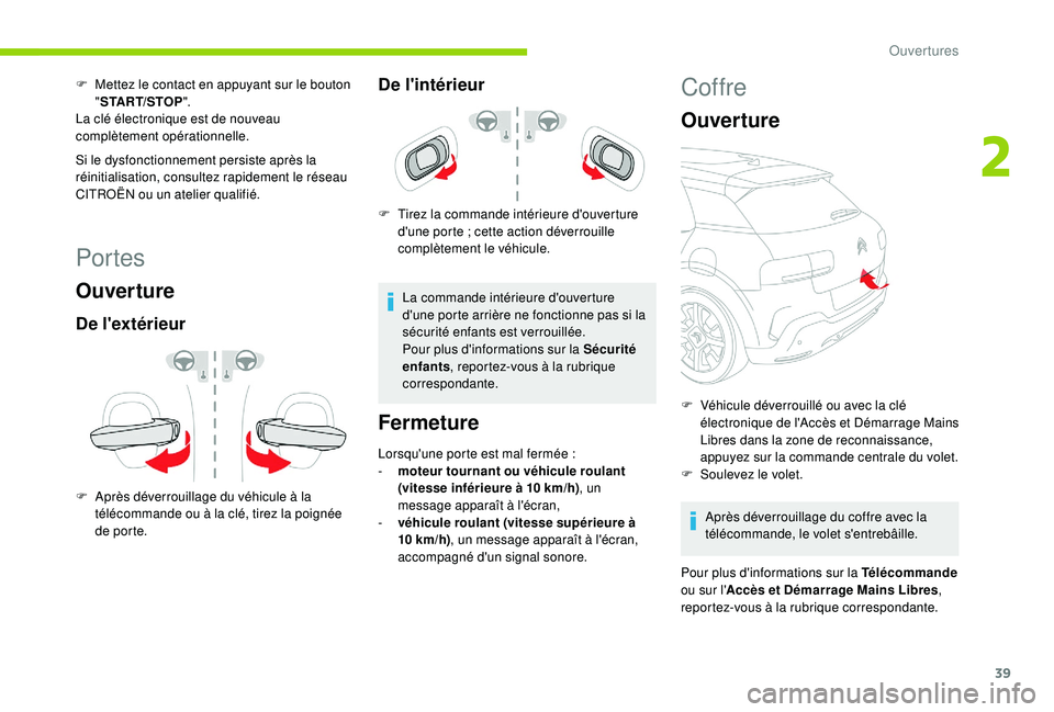 CITROEN C4CACTUS 2019 Notices Demploi (in French) 39
Portes
Ouverture
De l'extérieur
F Après déverrouillage du véhicule à la télécommande ou à la clé, tirez la poignée
de porte.
De l'intérieur
F Tirez la commande intérieure d' CITROEN C4CACTUS 2019 Notices Demploi (in French) 39
Portes
Ouverture
De l'extérieur
F Après déverrouillage du véhicule à la télécommande ou à la clé, tirez la poignée
de porte.
De l'intérieur
F Tirez la commande intérieure d'