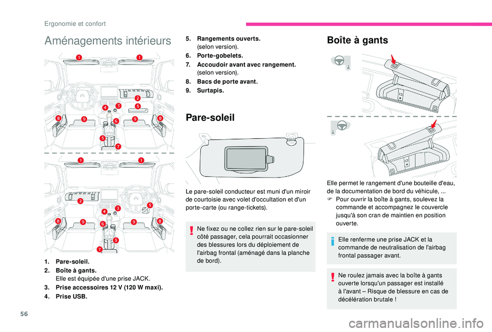 CITROEN C4CACTUS 2019 Notices Demploi (in French) 56
Aménagements intérieurs5.Rangements ouverts.
(selon version).
6. Porte-gobelets.
7. Accoudoir avant avec rangement.
(selon version).
8. Bacs de por te avant.
9. Surtapis.
Pare-soleil
Le pare-sole CITROEN C4CACTUS 2019 Notices Demploi (in French) 56
Aménagements intérieurs5.Rangements ouverts.
(selon version).
6. Porte-gobelets.
7. Accoudoir avant avec rangement.
(selon version).
8. Bacs de por te avant.
9. Surtapis.
Pare-soleil
Le pare-sole