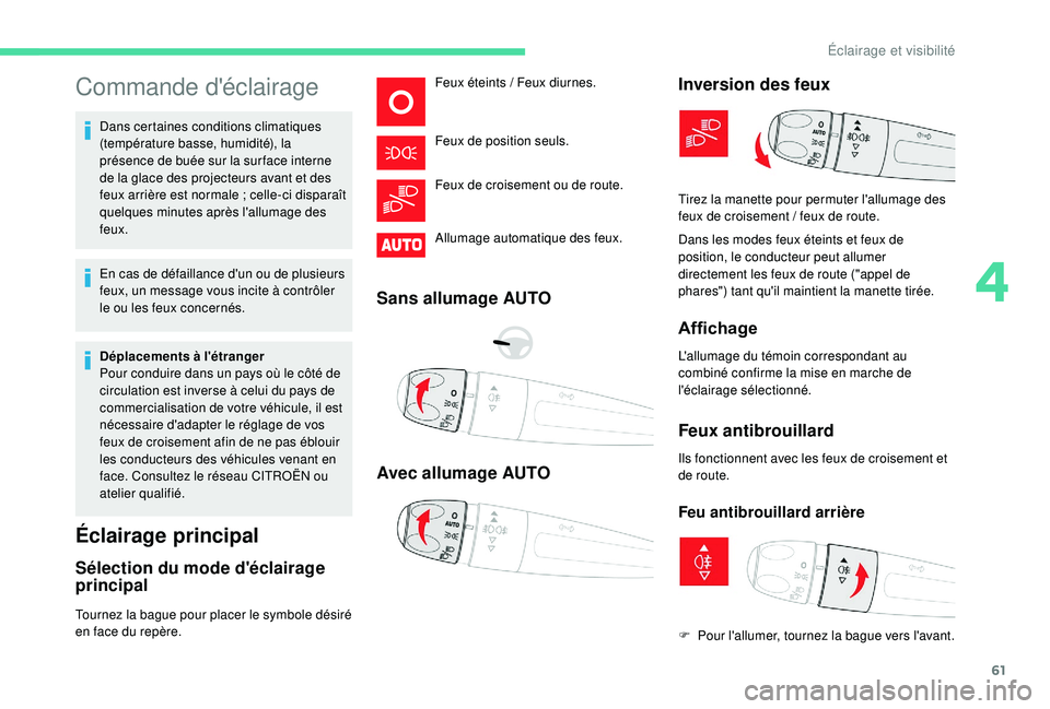 CITROEN C4CACTUS 2019 Notices Demploi (in French) 61
Commande d'éclairage
Dans certaines conditions climatiques
(température basse, humidité), la
présence de buée sur la sur face interne
de la glace des projecteurs avant et des
feux arri CITROEN C4CACTUS 2019 Notices Demploi (in French) 61
Commande d'éclairage
Dans certaines conditions climatiques
(température basse, humidité), la
présence de buée sur la sur face interne
de la glace des projecteurs avant et des
feux arri