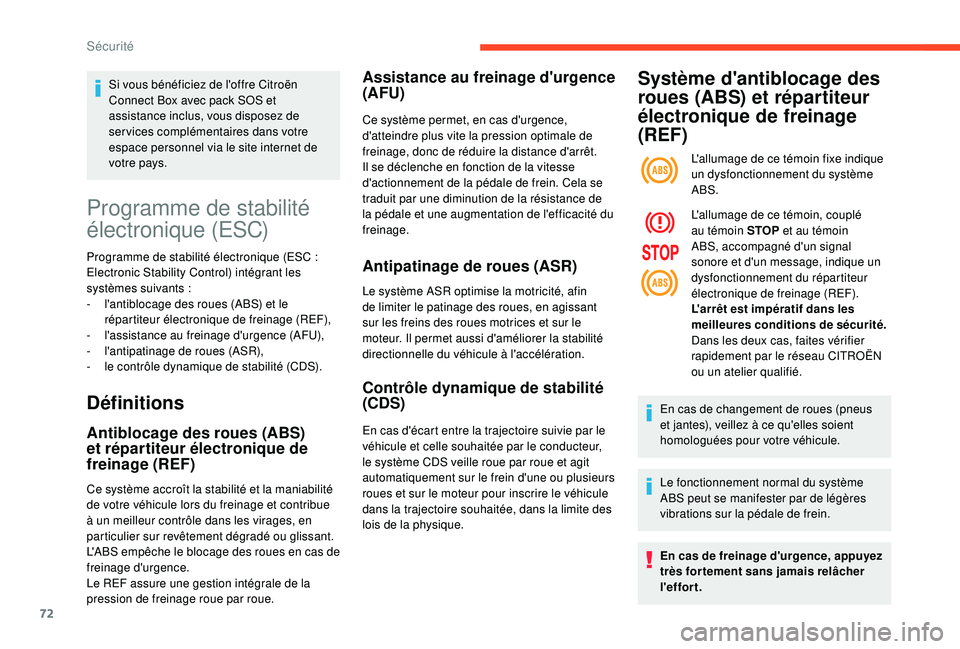 CITROEN C4CACTUS 2019 Notices Demploi (in French) 72
Programme de stabilité
électronique (ESC)
Programme de stabilité électronique (ESC :
E lectronic Stability Control) intégrant les
systèmes suivants
:
-
l
'antiblocage des roues (A CITROEN C4CACTUS 2019 Notices Demploi (in French) 72
Programme de stabilité
électronique (ESC)
Programme de stabilité électronique (ESC :
E lectronic Stability Control) intégrant les
systèmes suivants
:
-
l
'antiblocage des roues (A