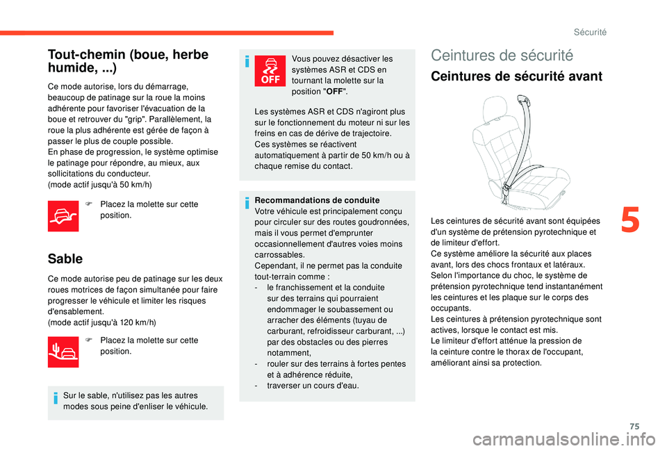 CITROEN C4CACTUS 2019 Notices Demploi (in French) 75
Tout-chemin (boue, herbe
humide,
...)
Ce mode autorise, lors du démarrage,
beaucoup de patinage sur la roue la moins
adhérente pour favoriser l'évacuation de la
boue et retrouver du CITROEN C4CACTUS 2019 Notices Demploi (in French) 75
Tout-chemin (boue, herbe
humide,
...)
Ce mode autorise, lors du démarrage,
beaucoup de patinage sur la roue la moins
adhérente pour favoriser l'évacuation de la
boue et retrouver du