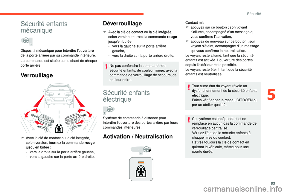 CITROEN C4CACTUS 2019 Notices Demploi (in French) 93
Sécurité enfants
mécanique
VerrouillageDéverrouillage
F Avec la clé de contact ou la clé intégrée,
selon version, tournez la commande rouge
jusqu'en butée
:
-
v
ers la gauche CITROEN C4CACTUS 2019 Notices Demploi (in French) 93
Sécurité enfants
mécanique
VerrouillageDéverrouillage
F Avec la clé de contact ou la clé intégrée,
selon version, tournez la commande rouge
jusqu'en butée
:
-
v
ers la gauche