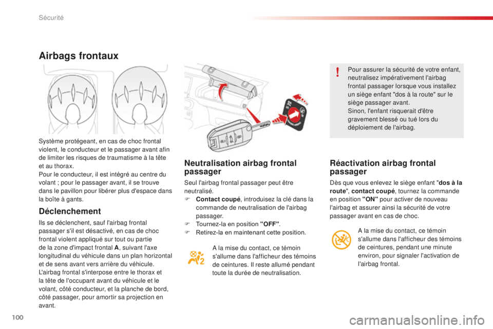 CITROEN C4CACTUS 2018  Notices Demploi (in French) 100
Neutralisation airbag frontal 
passager
Seul l'airbag frontal passager peut être 
neutralisé.
F 
C
 ontact coupé , introduisez la clé dans la 
commande de neutralisation de l'airbag 
p