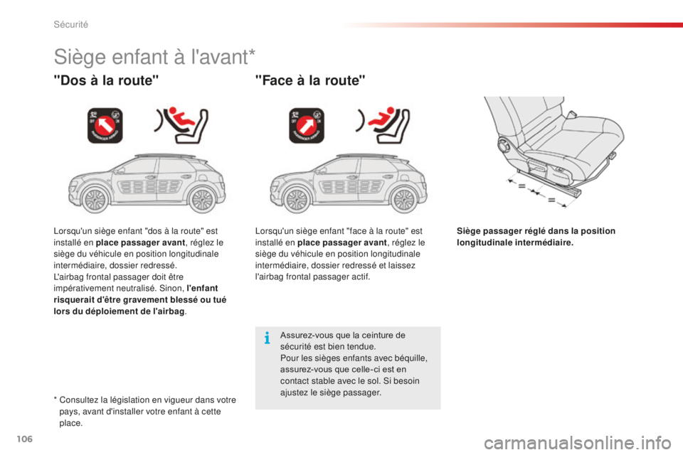 CITROEN C4CACTUS 2018 Notices Demploi (in French) 106
Siège enfant à l'avant*
"Dos à la route""Face à la route"
Siège passager réglé dans la position
longitudinale intermédiaire.
Assurez-vous que la ceinture de
sécurit CITROEN C4CACTUS 2018 Notices Demploi (in French) 106
Siège enfant à l'avant*
"Dos à la route""Face à la route"
Siège passager réglé dans la position
longitudinale intermédiaire.
Assurez-vous que la ceinture de
sécurit