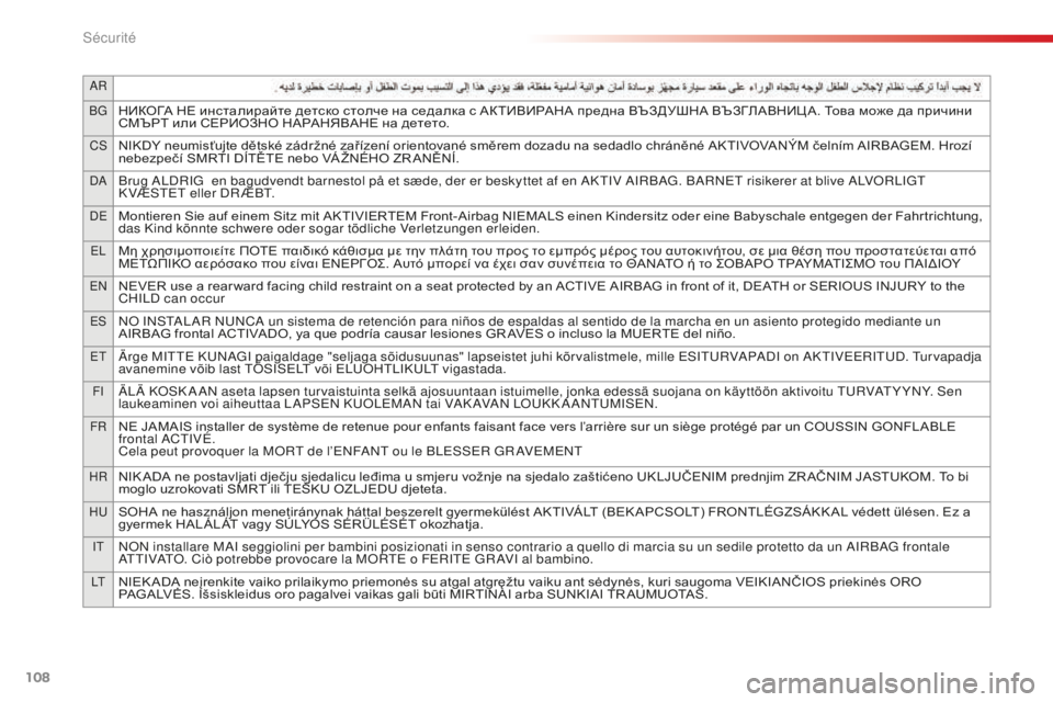 CITROEN C4CACTUS 2018 Notices Demploi (in French) 108
AR
BG
НИКОГА НЕ инсталирайте детско столче на седалка с АКТИВИРАНА предна ВЪЗДУШНА ВЪЗГЛАВНИЦ А. Това може да CITROEN C4CACTUS 2018 Notices Demploi (in French) 108
AR
BG
НИКОГА НЕ инсталирайте детско столче на седалка с АКТИВИРАНА предна ВЪЗДУШНА ВЪЗГЛАВНИЦ А. Това може да