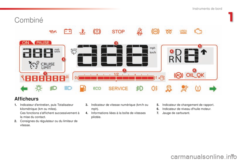 CITROEN C4CACTUS 2018  Notices Demploi (in French) 11
Combiné
1. Indicateur d'entretien, puis Totalisateur kilométrique (km ou miles).
 C

es fonctions s'affichent successivement à 
la mise du contact.
2.
 C

onsignes du régulateur ou du l