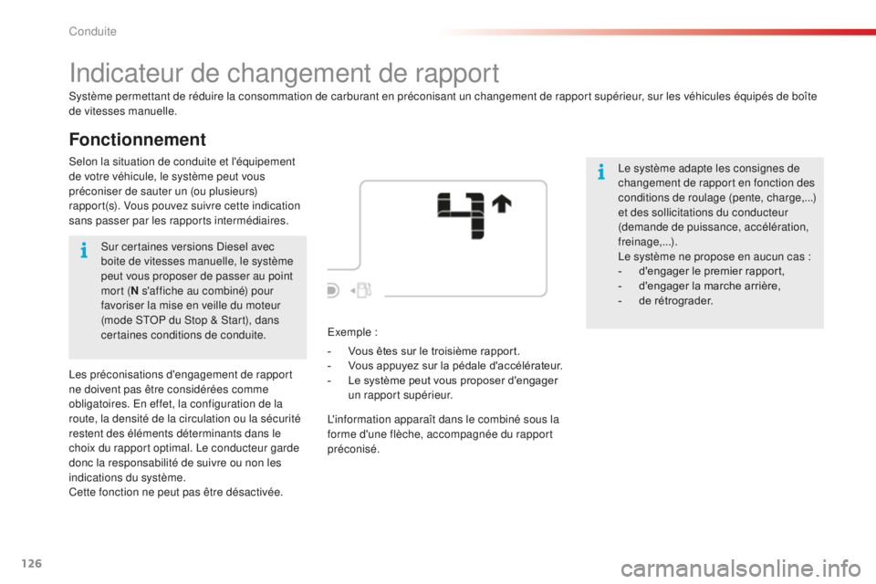 CITROEN C4CACTUS 2018 Notices Demploi (in French) 126
Fonctionnement
Indicateur de changement de rapport
Système permettant de réduire la consommation de carburant en préconisant un changement de rapport supérieur, sur les véhicules équipés de CITROEN C4CACTUS 2018 Notices Demploi (in French) 126
Fonctionnement
Indicateur de changement de rapport
Système permettant de réduire la consommation de carburant en préconisant un changement de rapport supérieur, sur les véhicules équipés de