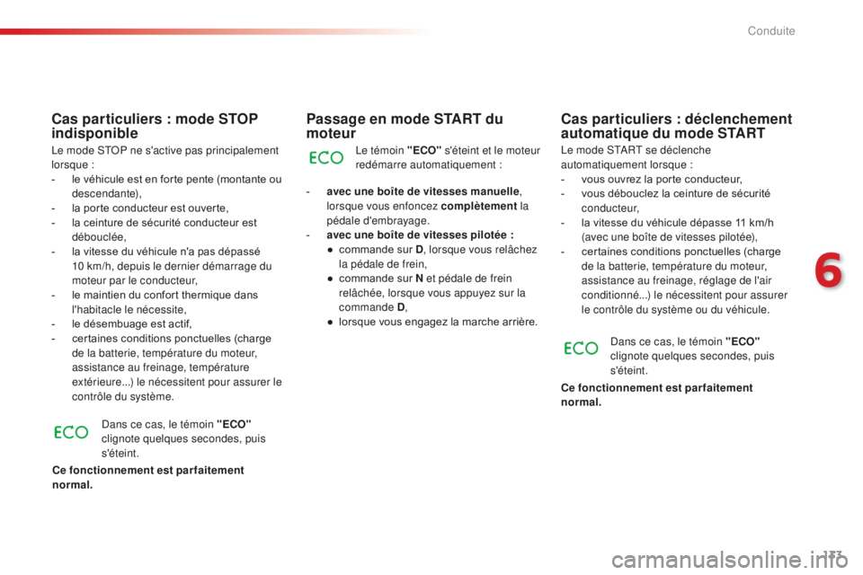 CITROEN C4CACTUS 2018 Notices Demploi (in French) 133
Passage en mode START du
moteur
Le témoin "ECO" s'éteint et le moteur
redémarre automatiquement :
-
a
vec une boîte de vitesses manuelle ,
lorsque vous enfoncez complètement CITROEN C4CACTUS 2018 Notices Demploi (in French) 133
Passage en mode START du
moteur
Le témoin "ECO" s'éteint et le moteur
redémarre automatiquement :
-
a
vec une boîte de vitesses manuelle ,
lorsque vous enfoncez complètement