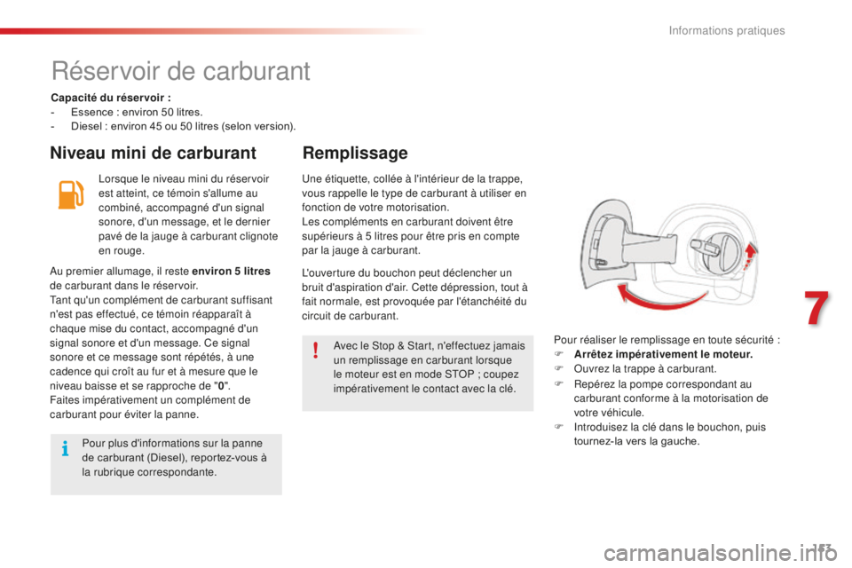 CITROEN C4CACTUS 2018 Notices Demploi (in French) 153
Réservoir de carburant
Capacité du réservoir :
- E ssence : environ 50 litres.
-
D
iesel : environ 45 ou 50 litres (selon version).
Niveau mini de carburant Remplissage
Lorsque le n CITROEN C4CACTUS 2018 Notices Demploi (in French) 153
Réservoir de carburant
Capacité du réservoir :
- E ssence : environ 50 litres.
-
D
iesel : environ 45 ou 50 litres (selon version).
Niveau mini de carburant Remplissage
Lorsque le n