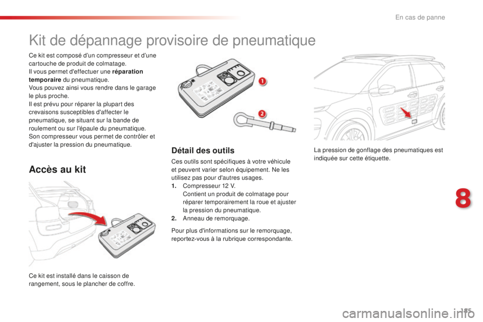 CITROEN C4CACTUS 2018 Notices Demploi (in French) 185
La pression de gonflage des pneumatiques est
indiquée sur cette étiquette.
Ce kit est installé dans le caisson de
rangement, sous le plancher de coffre. Ce kit est composé d’un compresseur CITROEN C4CACTUS 2018 Notices Demploi (in French) 185
La pression de gonflage des pneumatiques est
indiquée sur cette étiquette.
Ce kit est installé dans le caisson de
rangement, sous le plancher de coffre. Ce kit est composé d’un compresseur
