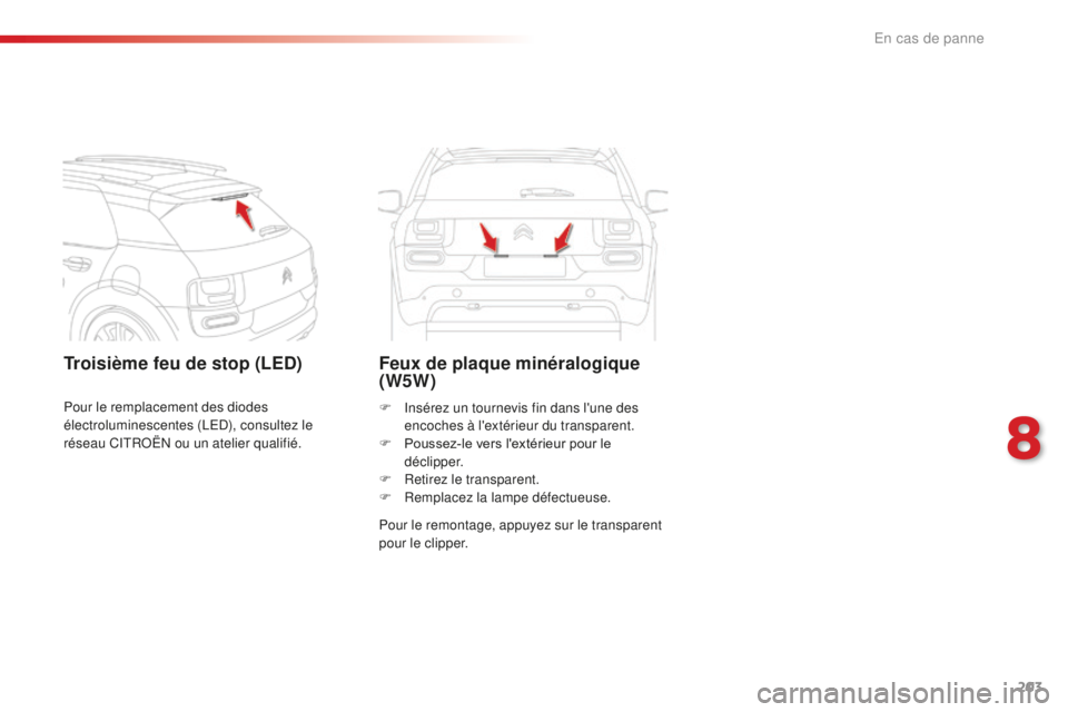 CITROEN C4CACTUS 2018  Notices Demploi (in French) 203
Troisième feu de stop (LED)Feux de plaque minéralogique 
(W5W)
Pour le remontage, appuyez sur le transparent 
pour le clipper. F 
I
 nsérez un tournevis fin dans l'une des 
encoches à l