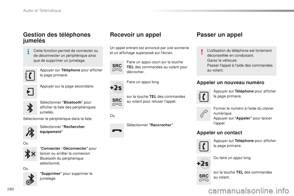 CITROEN C4CACTUS 2018 Notices Demploi (in French) 280
Gestion des téléphones
jumelés
Cette fonction permet de connecter ou
de déconnecter un périphérique ainsi
que de supprimer un jumelage.L'utilisation du téléphone est fortement
déc CITROEN C4CACTUS 2018 Notices Demploi (in French) 280
Gestion des téléphones
jumelés
Cette fonction permet de connecter ou
de déconnecter un périphérique ainsi
que de supprimer un jumelage.L'utilisation du téléphone est fortement
déc