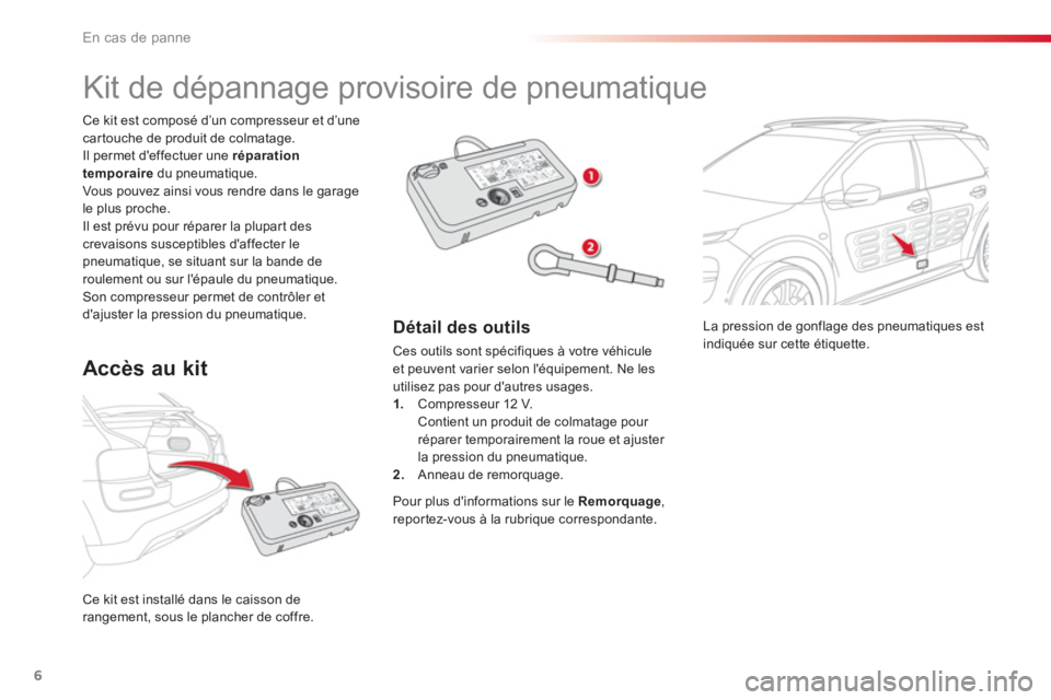 CITROEN C4CACTUS 2018 Notices Demploi (in French) 6
En cas de panne
La pression de gonflage des pneumatiques est
indiquée sur cette étiquette.
Ce kit est installé dans le caisson de
rangement, sous le plancher de coffre.
Ce CITROEN C4CACTUS 2018 Notices Demploi (in French) 6
En cas de panne
La pression de gonflage des pneumatiques est
indiquée sur cette étiquette.
Ce kit est installé dans le caisson de
rangement, sous le plancher de coffre.
Ce