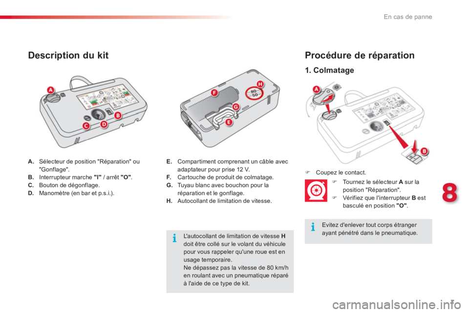 CITROEN C4CACTUS 2018  Notices Demploi (in French) 7
8
En cas de panne
   
1. Colmatage  
 
 
Procédure de réparation 
 
 
Evitez denlever tout corps étranger 
ayant pénétré dans le pneumatique.      
 
 
�) 
  Coupez le contact.  
 
   
 
 
�)