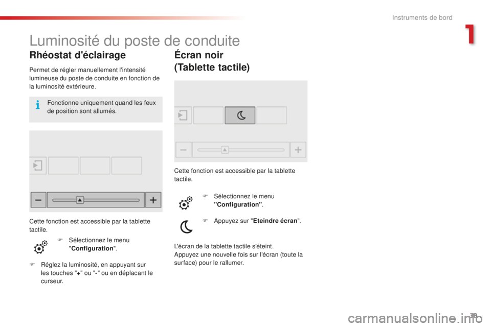 CITROEN C4CACTUS 2018 Notices Demploi (in French) 39
Luminosité du poste de conduite
Rhéostat d'éclairage
Permet de régler manuellement l'intensité
lumineuse du poste de conduite en fonction de
la luminosité extérieure.F
Sél
ecti CITROEN C4CACTUS 2018 Notices Demploi (in French) 39
Luminosité du poste de conduite
Rhéostat d'éclairage
Permet de régler manuellement l'intensité
lumineuse du poste de conduite en fonction de
la luminosité extérieure.F
Sél
ecti