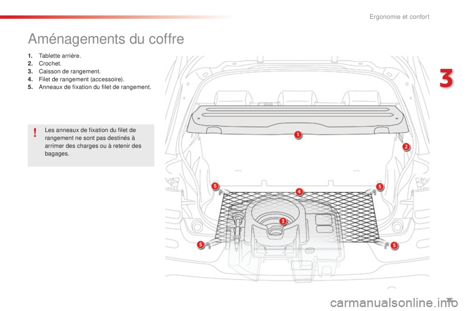 CITROEN C4CACTUS 2018  Notices Demploi (in French) 75
Aménagements du coffre
1. Tablette arrière.
2. Crochet.
3.
 C

aisson de rangement.
4.
 F

ilet de rangement (accessoire).
5.
 A

nneaux de fixation du filet de rangement.
Les anneaux de fixation