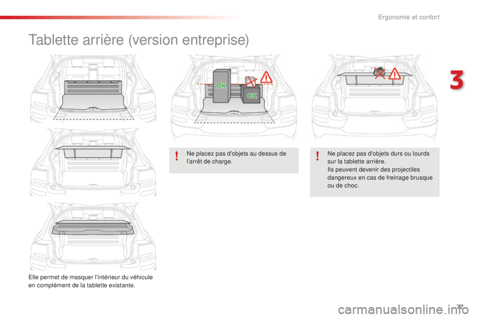 CITROEN C4CACTUS 2018  Notices Demploi (in French) 77
Tablette arrière (version entreprise)
Elle permet de masquer l’intérieur du véhicule 
en complément de la tablette existante.Ne placez pas d’objets au dessus de 
l’arrêt de charge.
Ne pl