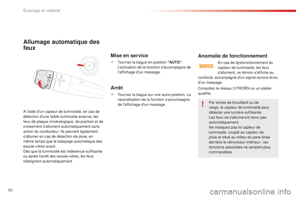 CITROEN C4CACTUS 2018 Notices Demploi (in French) 82
Allumage automatique des
feux
Mise en service
F Tournez la bague en position "AUTO".
L'activation de la fonction s'accompagne de
l'affichage d'un message.
A l'aide d& CITROEN C4CACTUS 2018 Notices Demploi (in French) 82
Allumage automatique des
feux
Mise en service
F Tournez la bague en position "AUTO".
L'activation de la fonction s'accompagne de
l'affichage d'un message.
A l'aide d&