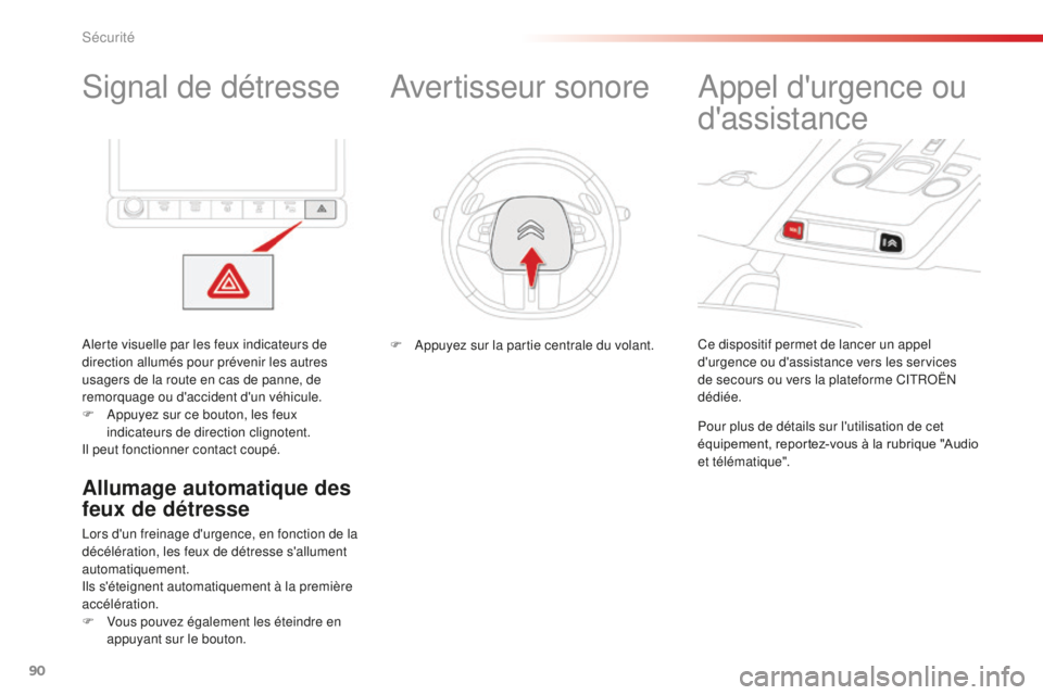 CITROEN C4CACTUS 2018 Notices Demploi (in French) 90
Signal de détresse
Alerte visuelle par les feux indicateurs de
direction allumés pour prévenir les autres
usagers de la route en cas de panne, de
remorquage ou d'accident d'un véhicu CITROEN C4CACTUS 2018 Notices Demploi (in French) 90
Signal de détresse
Alerte visuelle par les feux indicateurs de
direction allumés pour prévenir les autres
usagers de la route en cas de panne, de
remorquage ou d'accident d'un véhicu