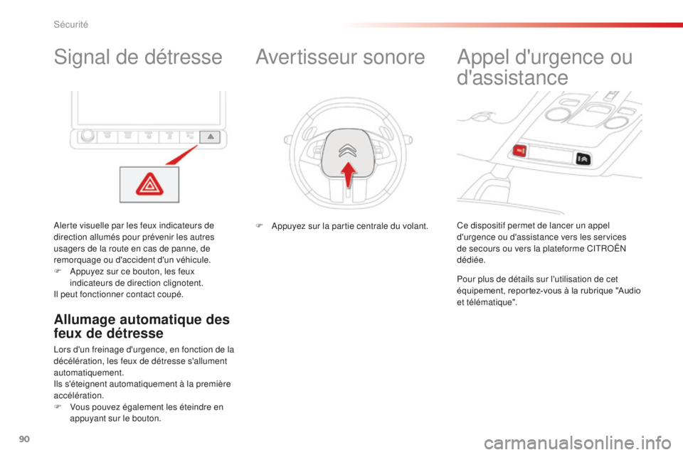 CITROEN C4CACTUS 2018  Notices Demploi (in French) 90
Signal de détresse
Alerte visuelle par les feux indicateurs de 
direction allumés pour prévenir les autres 
usagers de la route en cas de panne, de 
remorquage ou d'accident d'un véhicu